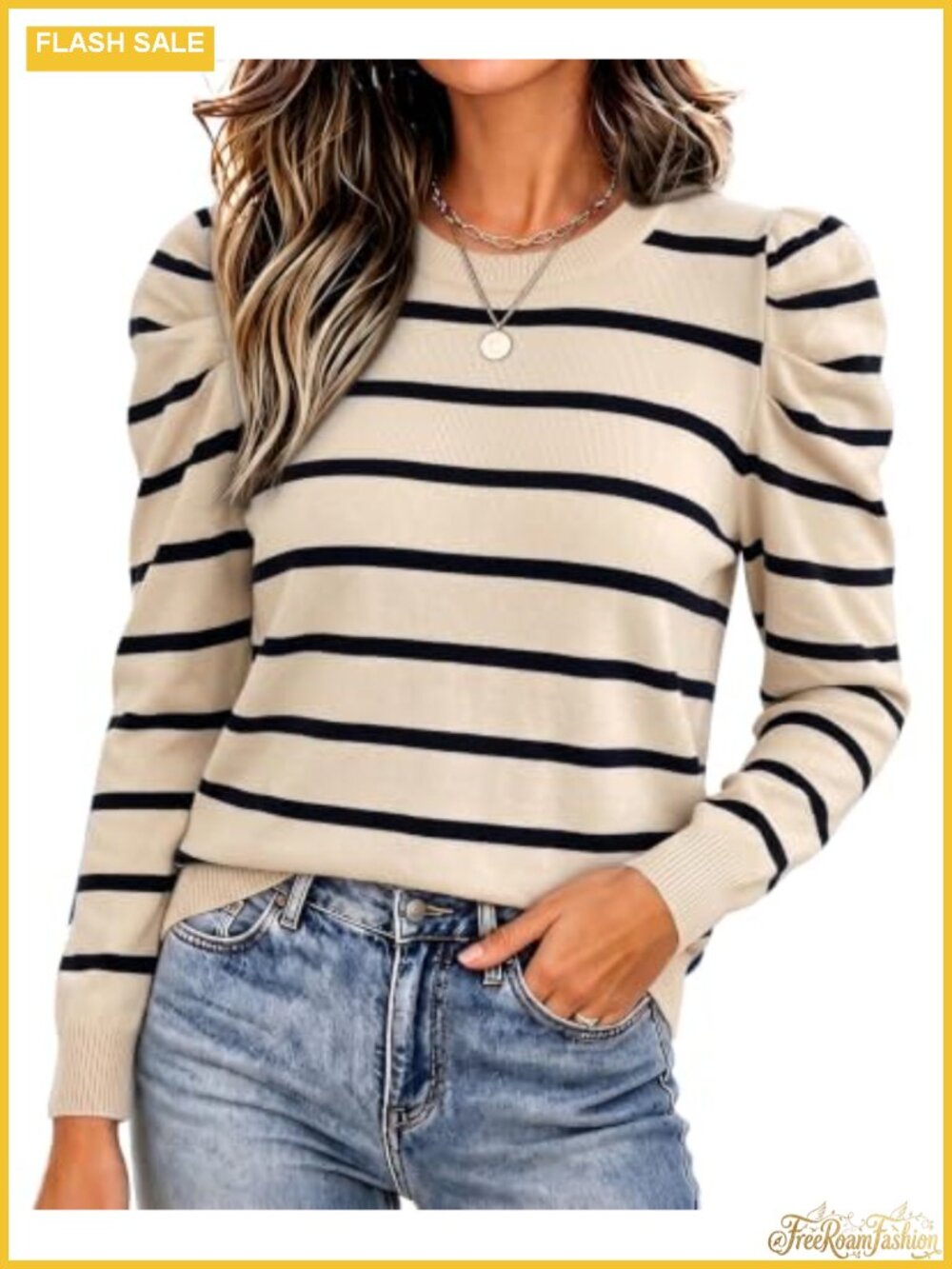 Women's Long Sleeve Puff Sleeve Knit Sweater Crew Neck Pullover